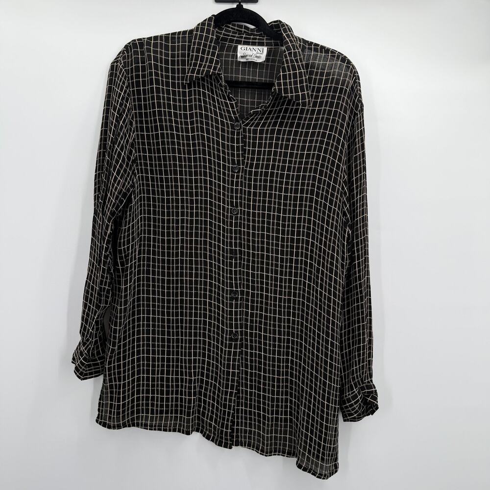 Vintage Gianni Sport Shirt Womens 14 Black Beige‎ Windowpane Button Made USA